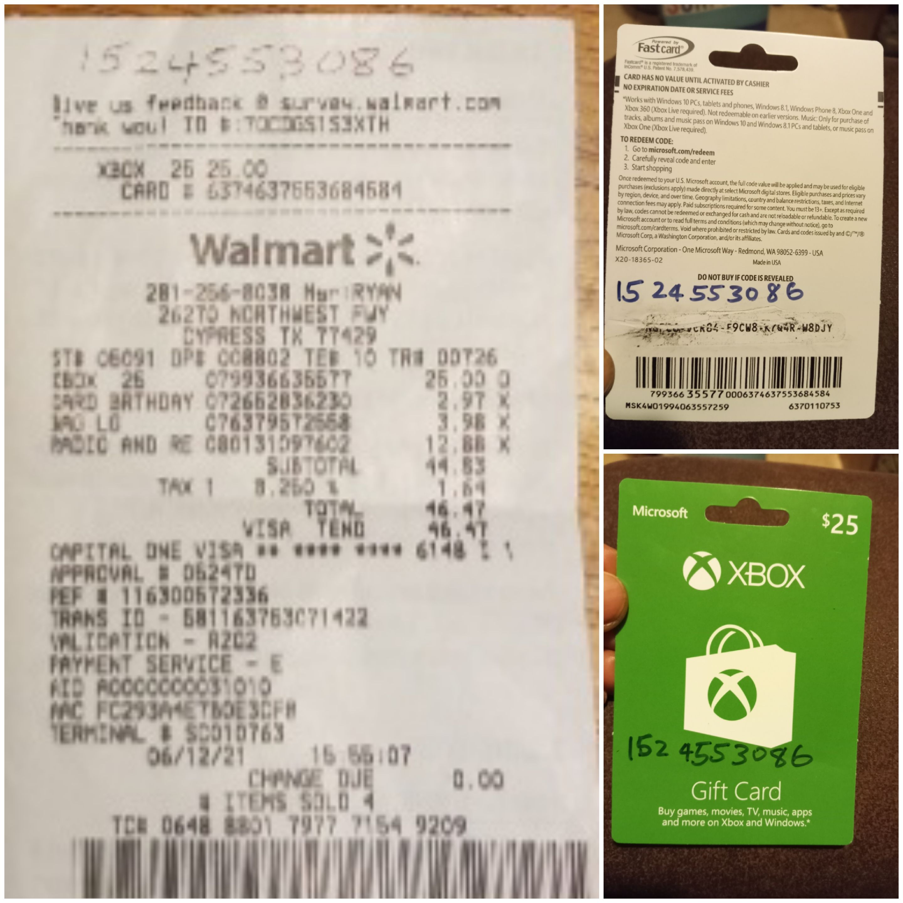 Xbox gift shop card receipt